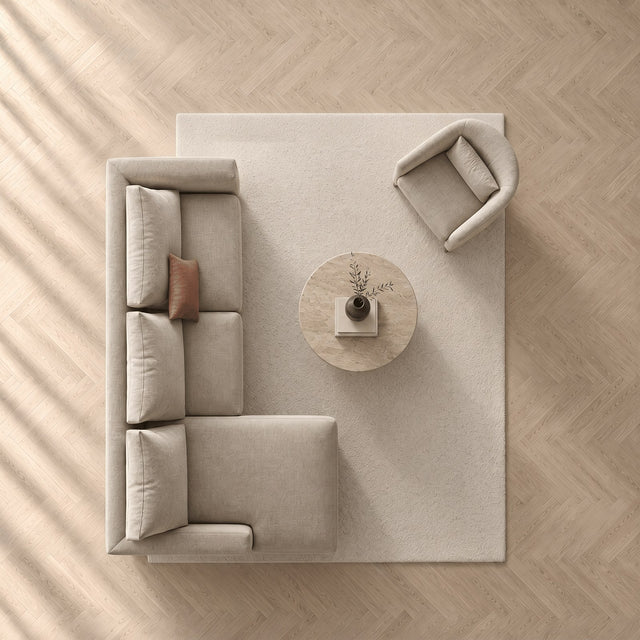 Tapis 180 × 250 cm vu du dessus, avec canapé et fauteuil