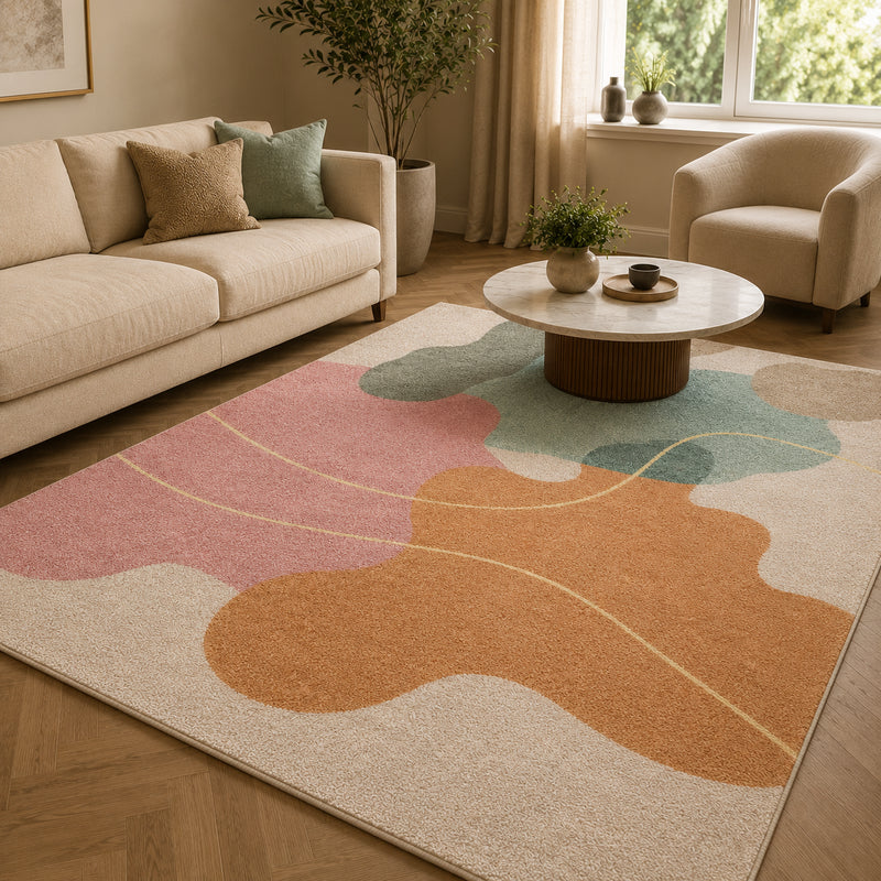 Tapis salon moderne formes abstraites organiques rose poudré, terracotta, bleu pastel et gris doux – Soléa