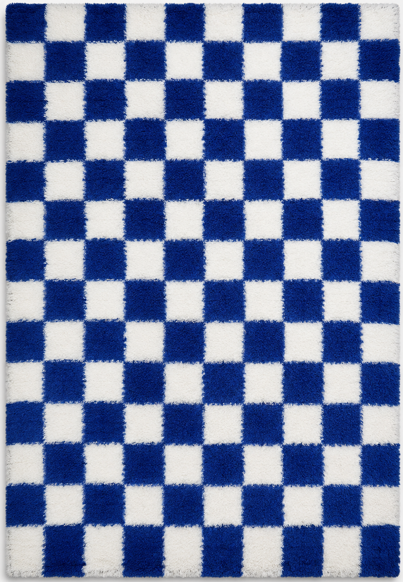 Tapis salon moderne damier moelleux bleu profond et blanc – Azur