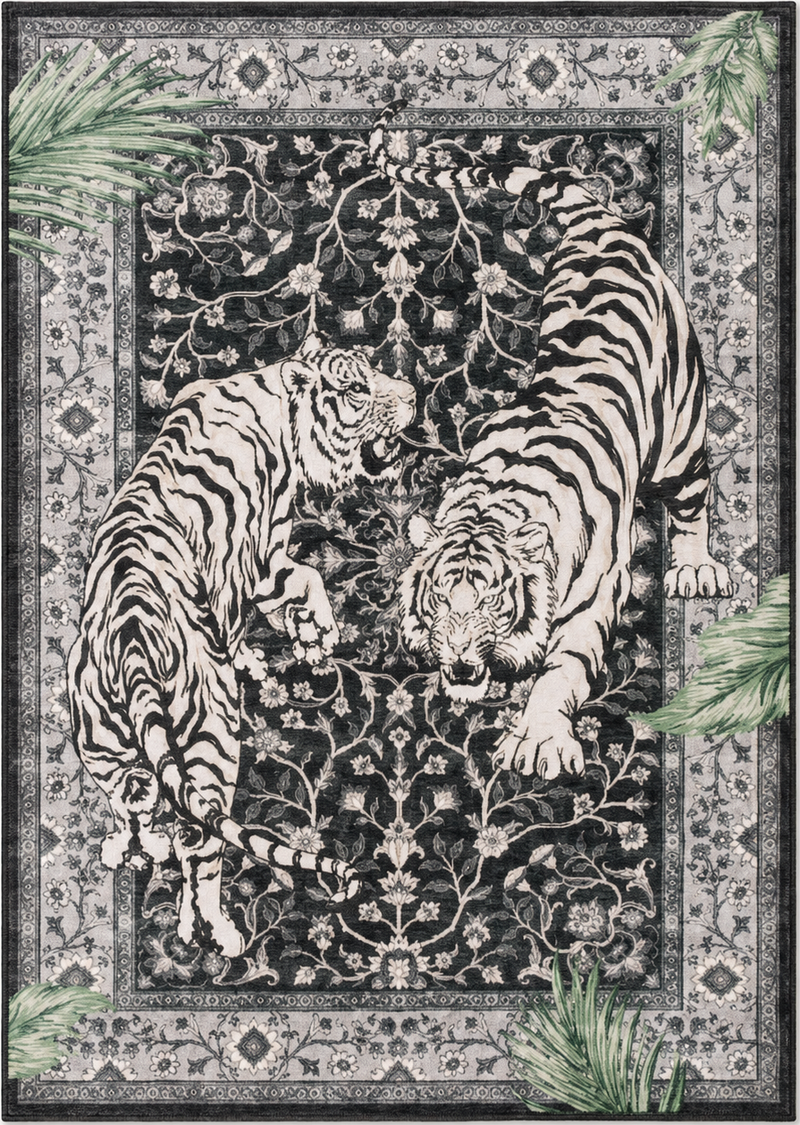 Tapis salon moderne duo de tigres graphiques noir, écru et vert sauge – Onyx