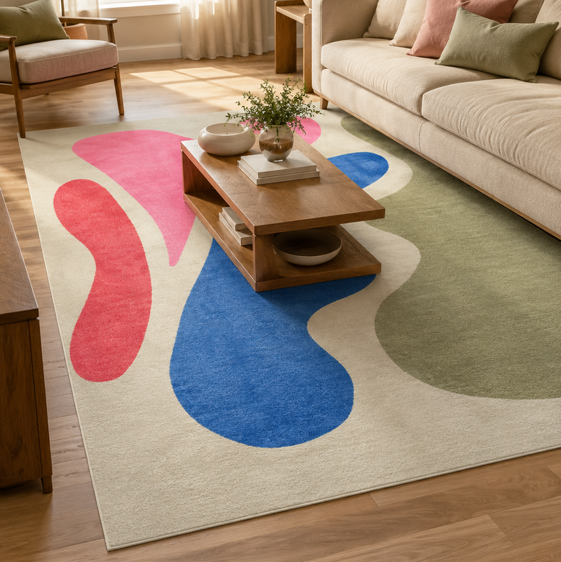 Tapis salon moderne formes organiques abstraites écru, rose, bleu et vert sauge – Soléa