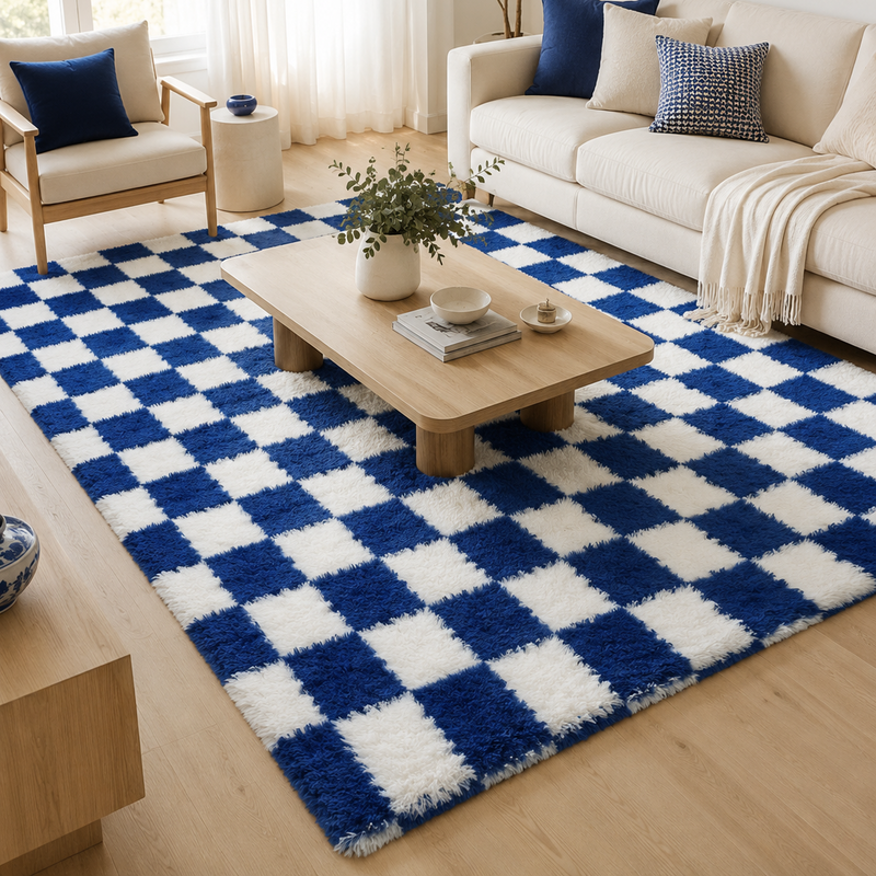 Tapis salon moderne damier moelleux bleu profond et blanc – Azur