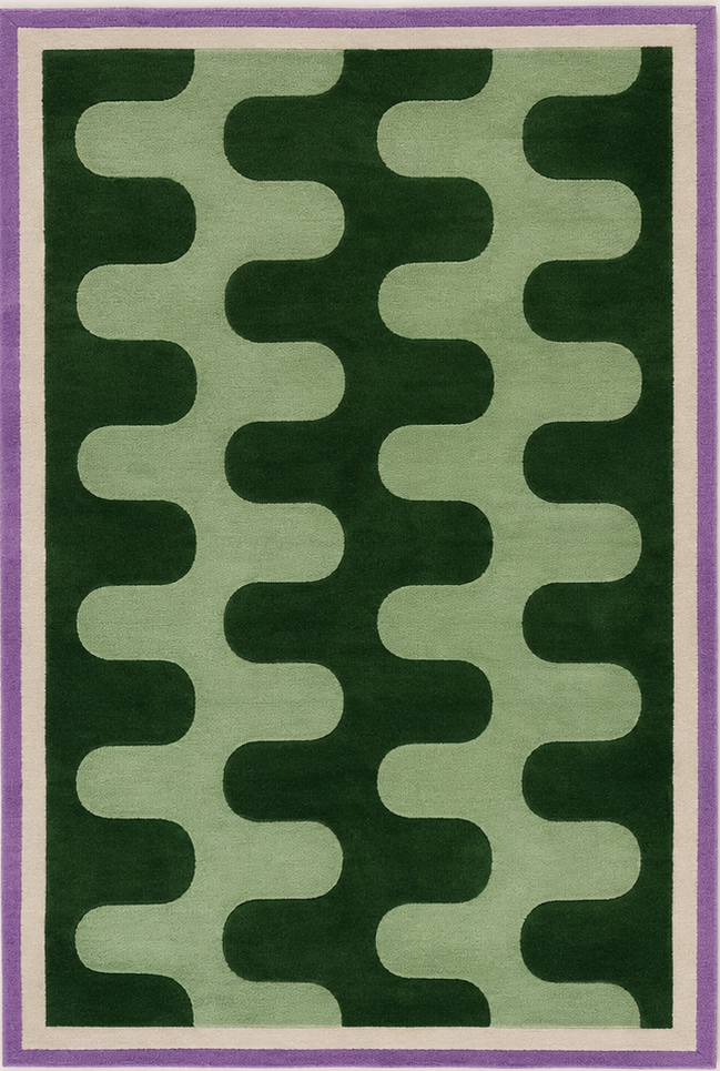 Tapis salon moderne motif ondulé graphique vert forêt, vert sauge et lilas – Verde