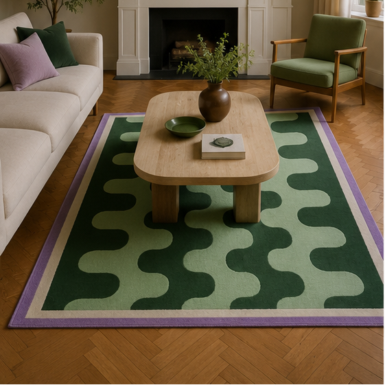 Tapis salon moderne motif ondulé graphique vert forêt, vert sauge et lilas – Verde