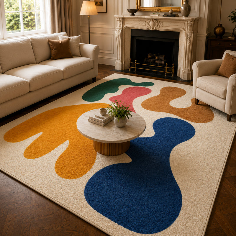 Tapis salon moderne formes organiques abstraites crème, jaune ocre, bleu profond, vert et rose corail – Arlo