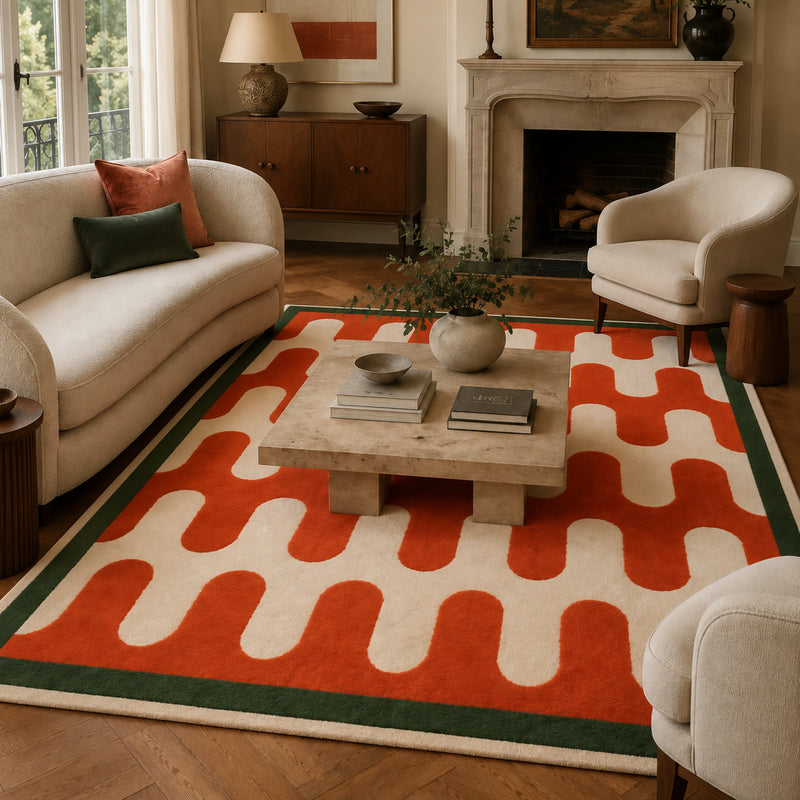 Tapis salon vintage motif ondulé rétro écru, rouge orangé et vert forêt – Rio