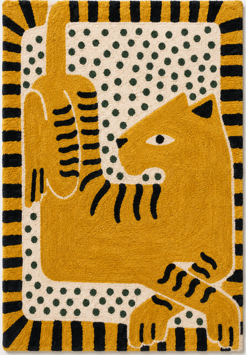 Tapis salon moderne motif chat stylisé jaune moutarde, noir, écru et vert sauge – Matis