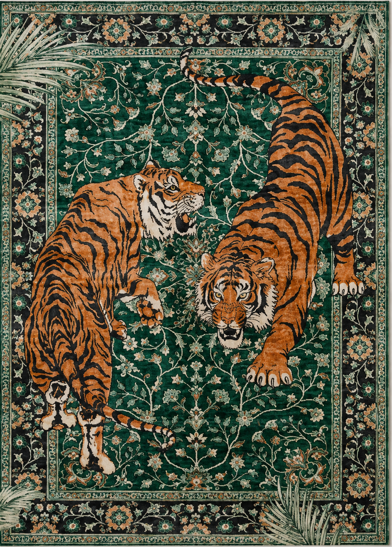 Tapis salon moderne duo de tigres vert émeraude, orange, noir et écru – Sherkan