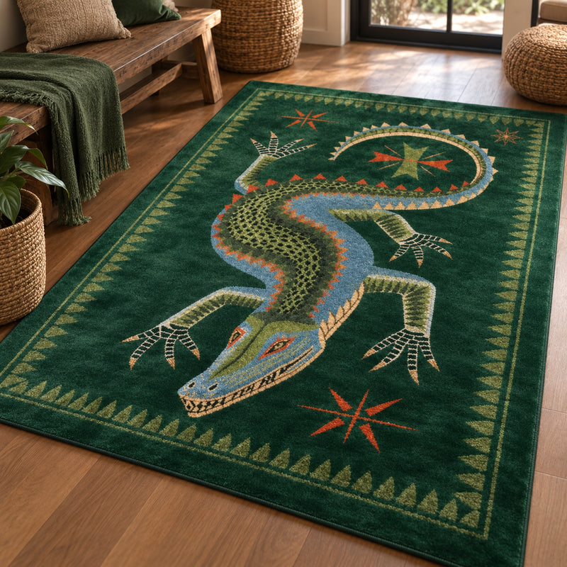 Tapis salon moderne motif crocodile illustré vert émeraude, bleu, olive et terracotta – Croco