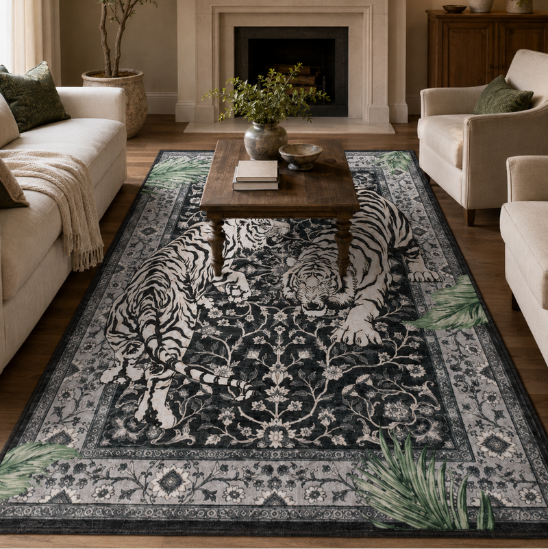 Tapis salon moderne duo de tigres graphiques noir, écru et vert sauge – Onyx