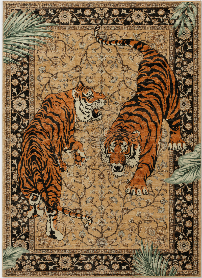 Tapis salon moderne duo de tigres beige sable, orange, noir et vert sauge – Rajah