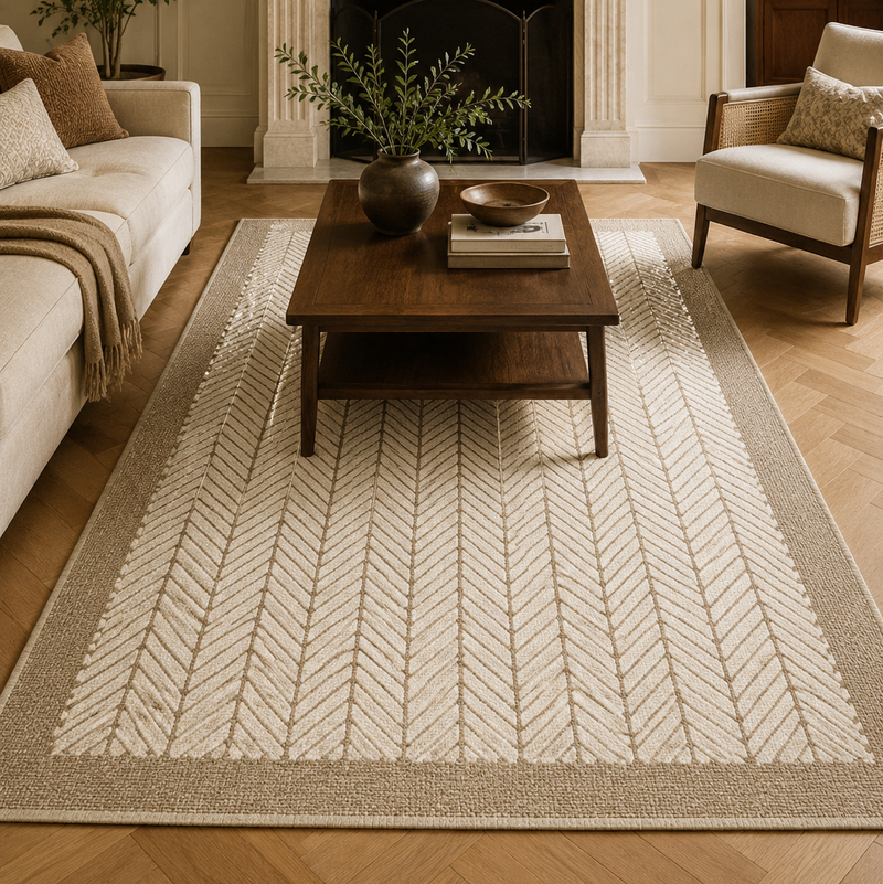 Tapis salon naturel motifs chevrons beige et taupe – Néréo