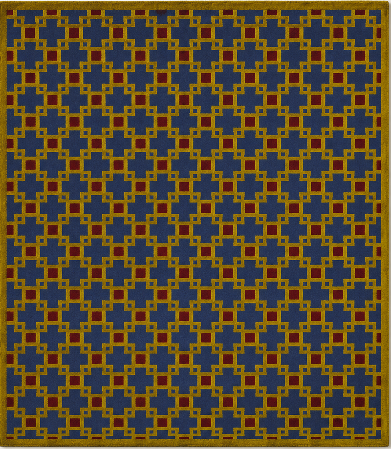 Tapis salon moderne motif géométrique entrelacé bleu profond, ocre et rouge brique – Soren