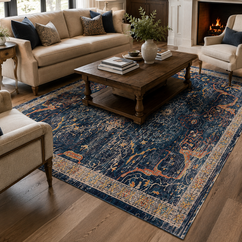 Tapis salon vintage motifs floraux vintage bleu nuit, terracotta, beige et ocre doré – Azara