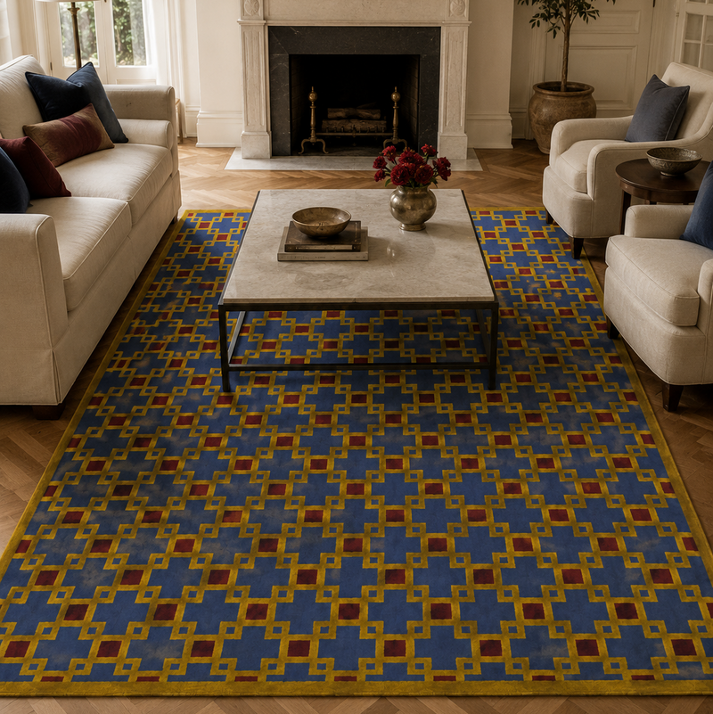 Tapis salon moderne motif géométrique entrelacé bleu profond, ocre et rouge brique – Soren