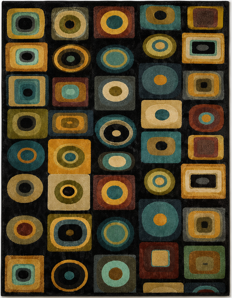 Tapis salon vintage motifs géométriques rétro noir, bleu canard, ocre, vert olive et terracotta – Orion