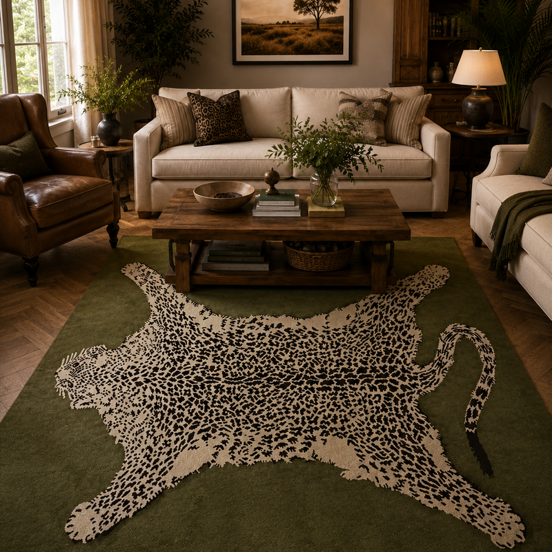 Tapis salon moderne motif animalier stylisé vert olive, écru et noir – Léopard