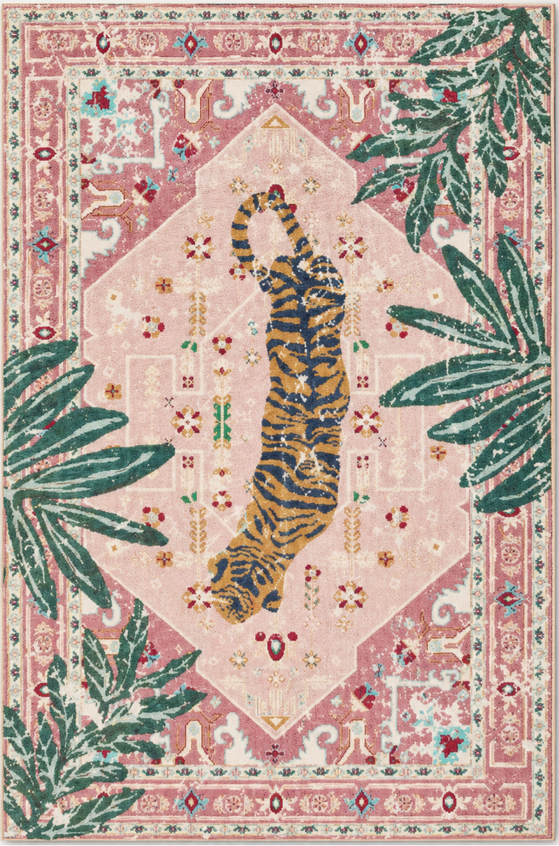 Tapis salon moderne motif tigre tropical rose poudré, vert palmier, orange et bleu nuit – Nala