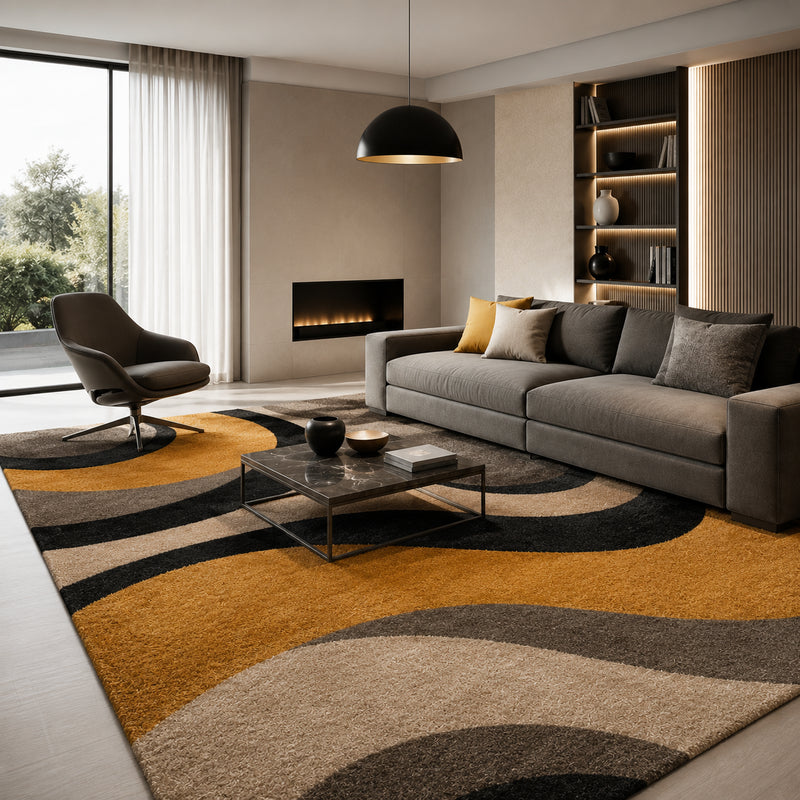 Tapis salon moderne motifs abstraits beige, noir et jaune moutarde – Solvane