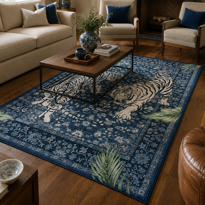 Tapis salon moderne duo de tigres blancs bleu profond, écru et vert feuillage – Bengal