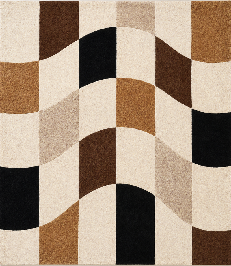 Tapis salon moderne motif ondulé géométrique écru, camel, brun, beige et noir – Alba