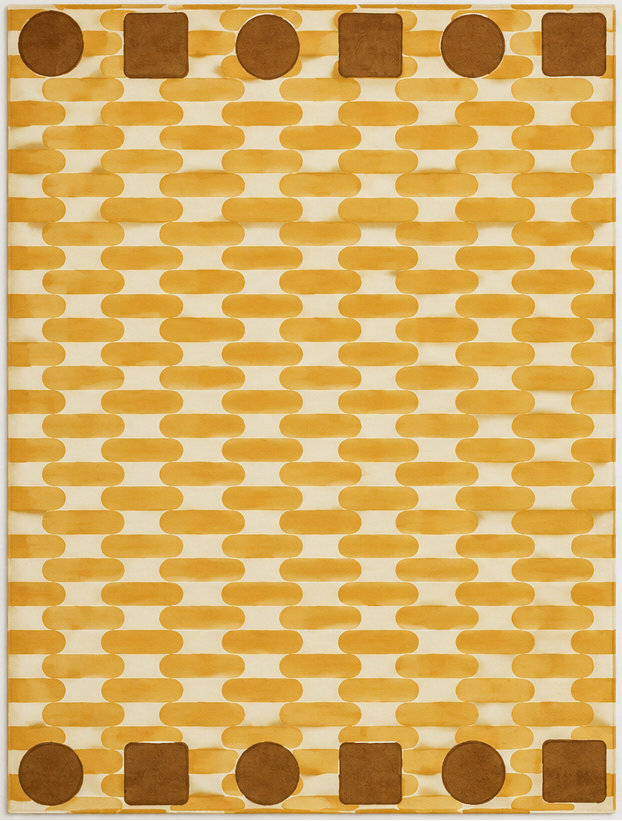 Tapis salon moderne motif graphique rythmé écru, jaune ocre et brun caramel – Solis