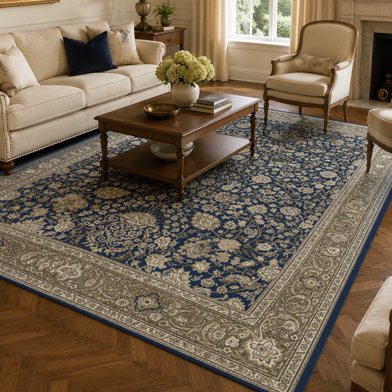 Tapis salon moderne motifs orientaux floraux bleu marine, beige et taupe – Isfahan