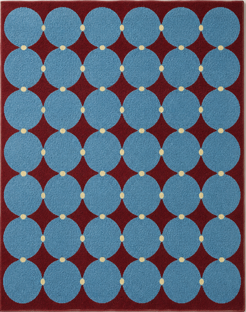 Tapis salon moderne motifs cercles graphiques bleu ciel, bordeaux et beige clair – Nilo