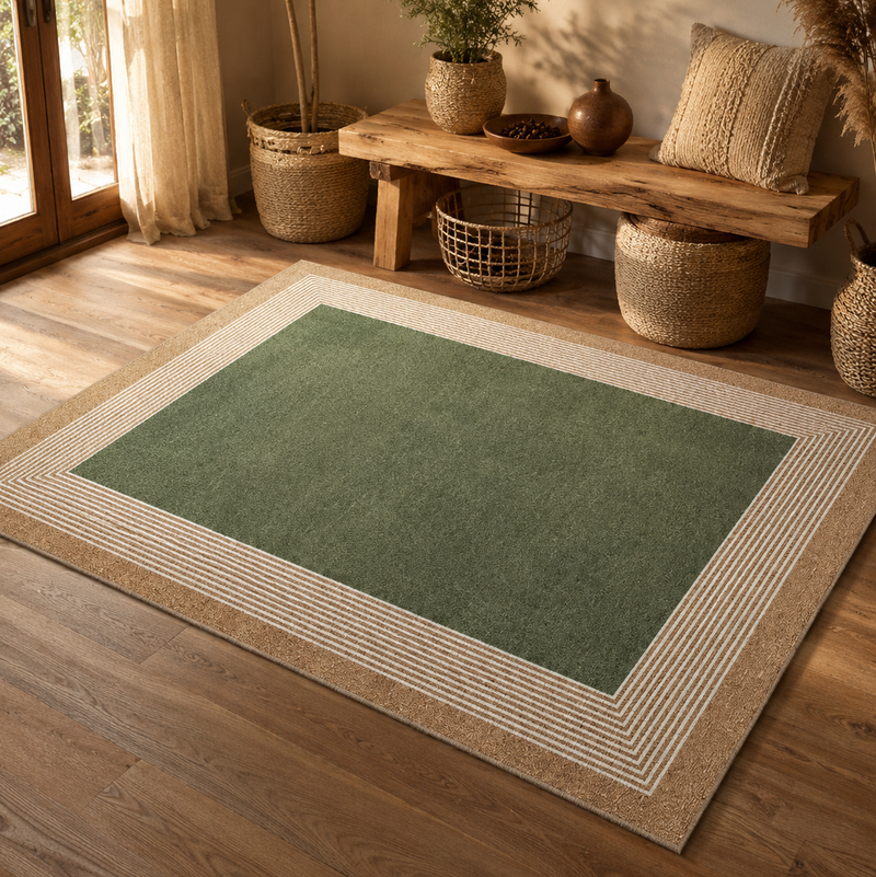 Tapis salon moderne centre uni et bordure graphique vert olive, beige et écru – Olive