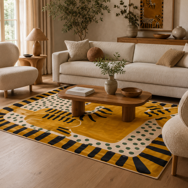 Tapis salon moderne motif chat stylisé jaune moutarde, noir, écru et vert sauge – Matis