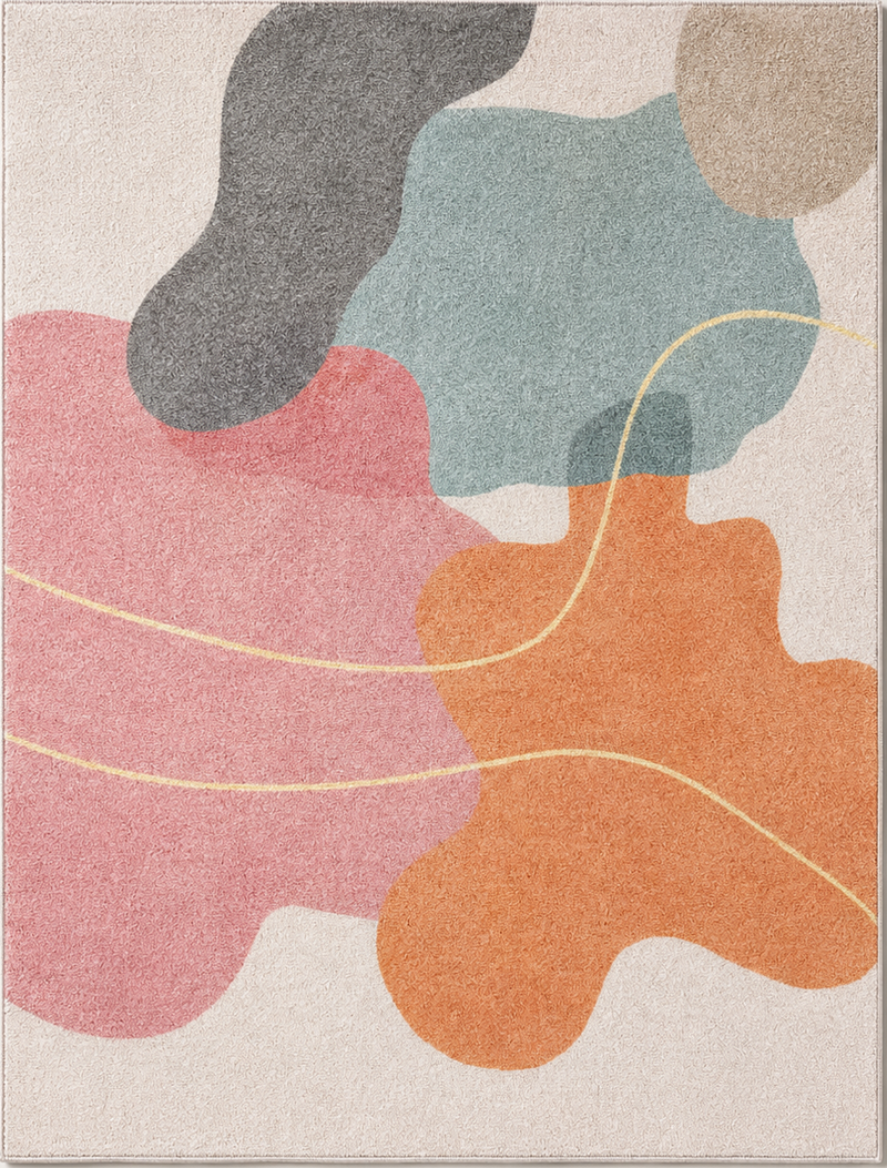 Tapis salon moderne formes abstraites organiques rose poudré, terracotta, bleu pastel et gris doux – Soléa