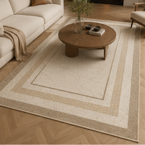 Tapis salon naturel bordures géométriques beige et taupe – Elvéo