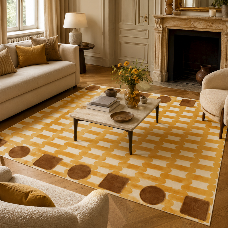 Tapis salon moderne motif graphique rythmé écru, jaune ocre et brun caramel – Solis