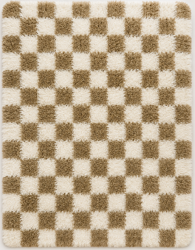 Tapis salon moderne damier moelleux écru et beige taupe – Dami