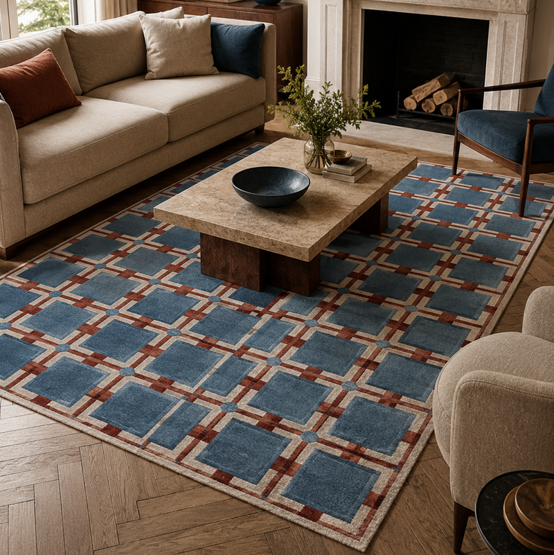 Tapis salon moderne motif géométrique quadrillé bleu grisé, terracotta et écru – Atlas