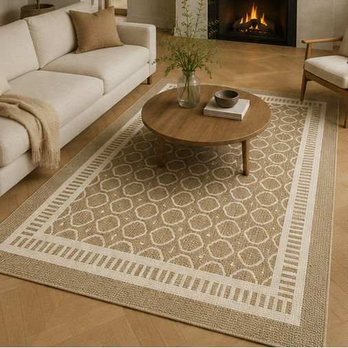 Tapis salon moderne motifs géométriques beige et écru – Orvéo