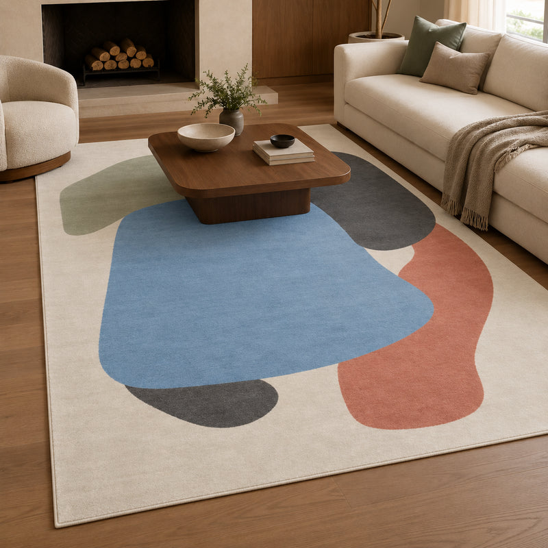 Tapis salon moderne formes abstraites superposées écru, bleu ciel, vert sauge, anthracite et terracotta – Néo