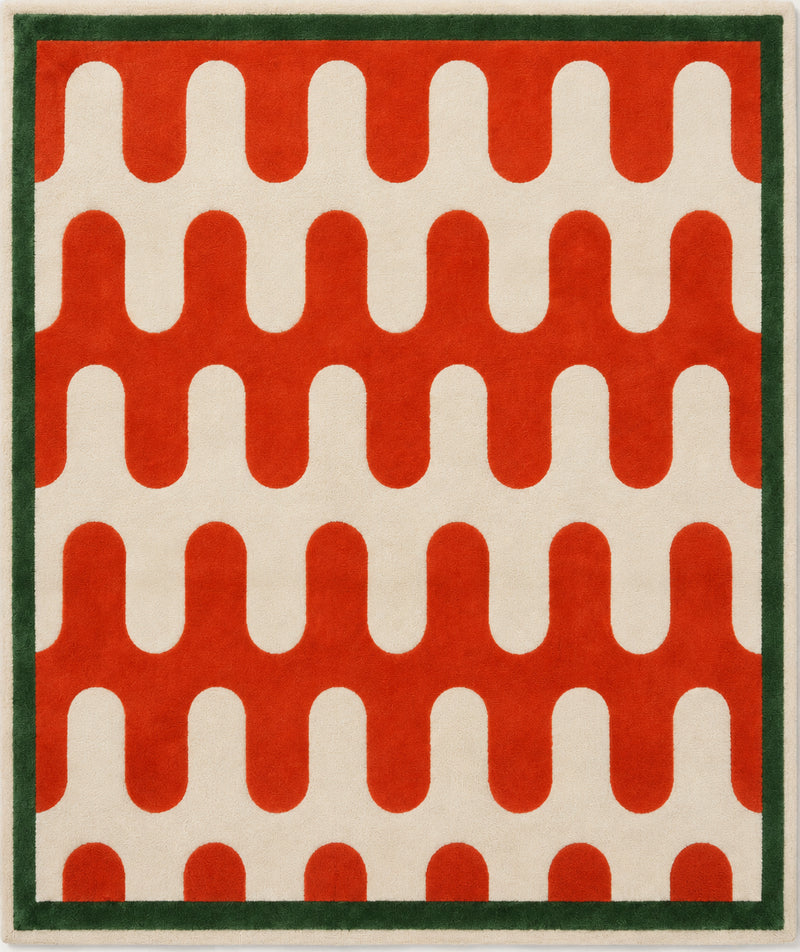 Tapis salon vintage motif ondulé rétro écru, rouge orangé et vert forêt – Rio