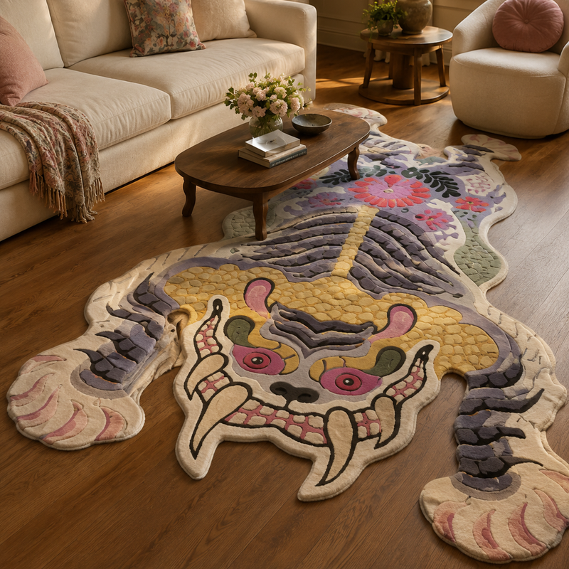 Tapis salon moderne forme créature mythique beige, violet, rose, jaune et noir – Oni