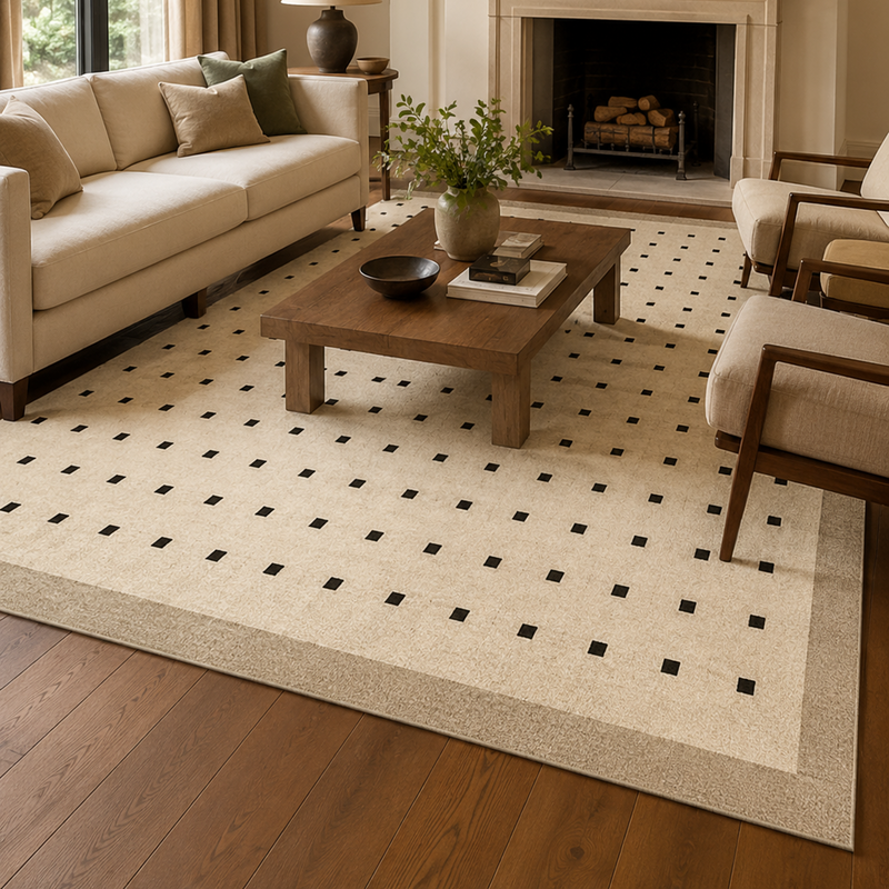 Tapis salon moderne motif à petits carrés beige clair, noir et bordure taupe – Lino