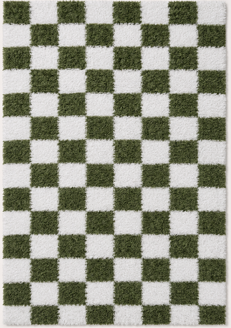 Tapis salon moderne damier moelleux vert sauge et blanc – Mila