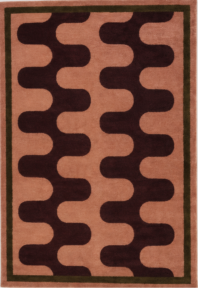 Tapis salon moderne motif ondulé graphique vieux rose, brun profond et vert olive – Terra