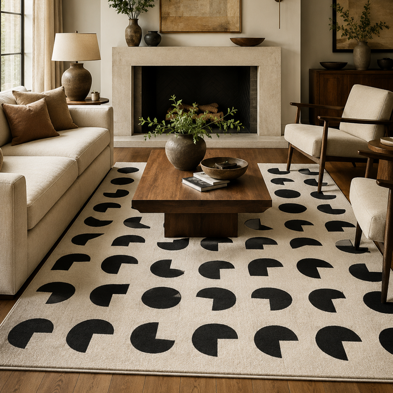 Tapis salon moderne motifs géométriques arrondis écru et noir profond – Paco