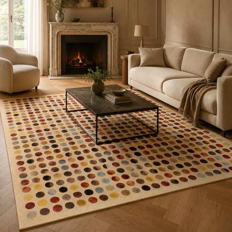 Tapis salon moderne pois multicolores écru, terracotta, jaune, bleu ciel et brun – Mosaïque
