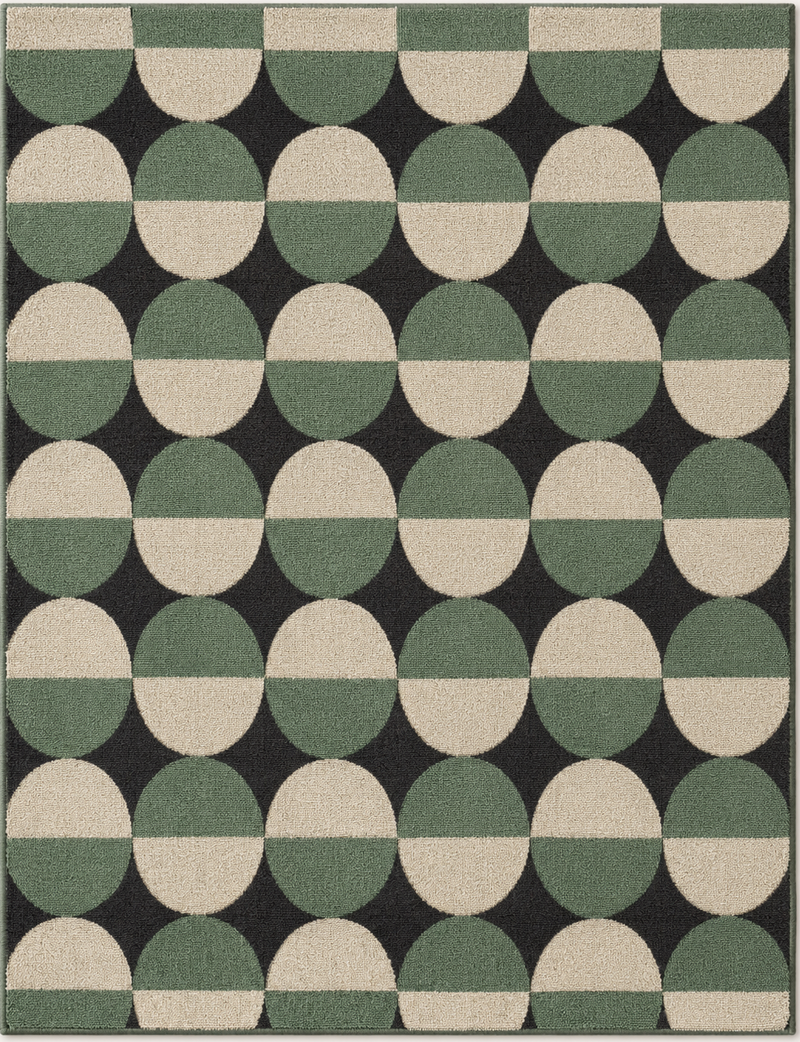 Tapis salon moderne motifs circulaires géométriques vert sauge, crème et noir profond – Verde