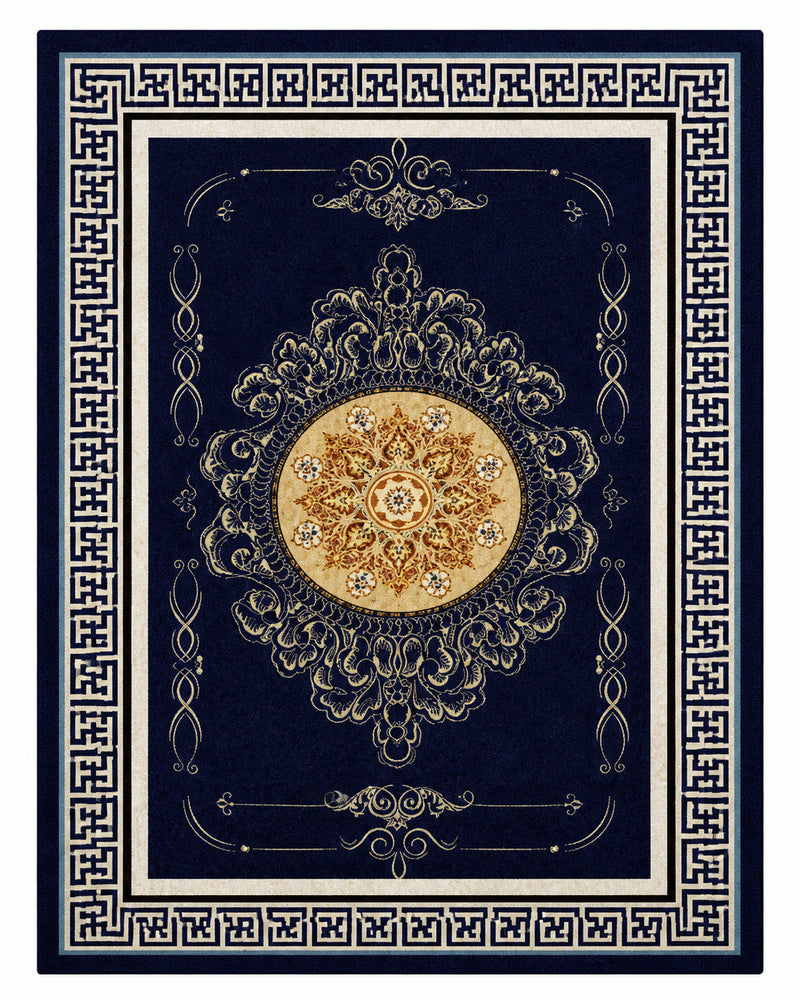 Tapis salon asiatique bleu nuit, médaillon doré et bordure géométrique – Mizuki