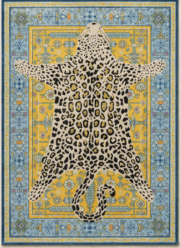 Tapis salon moderne motif léopard décoratif bleu ciel, jaune doux, écru et noir – Shira