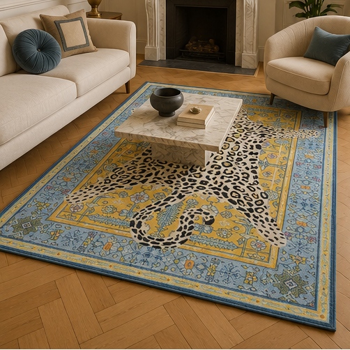 Tapis salon moderne motif léopard décoratif bleu ciel, jaune doux, écru et noir – Shira