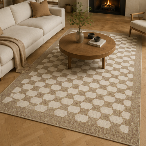 Tapis salon moderne motifs géométriques beige et écru – Solvéo