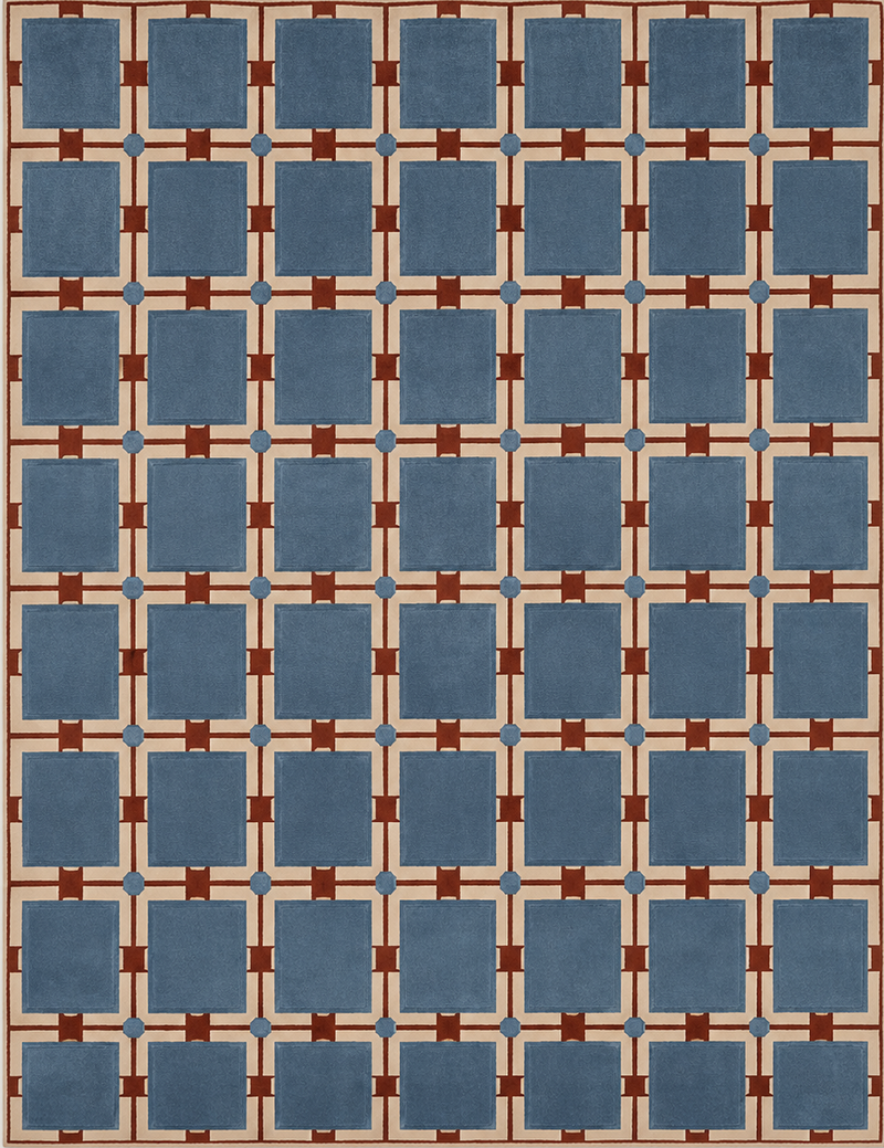Tapis salon moderne motif géométrique quadrillé bleu grisé, terracotta et écru – Atlas